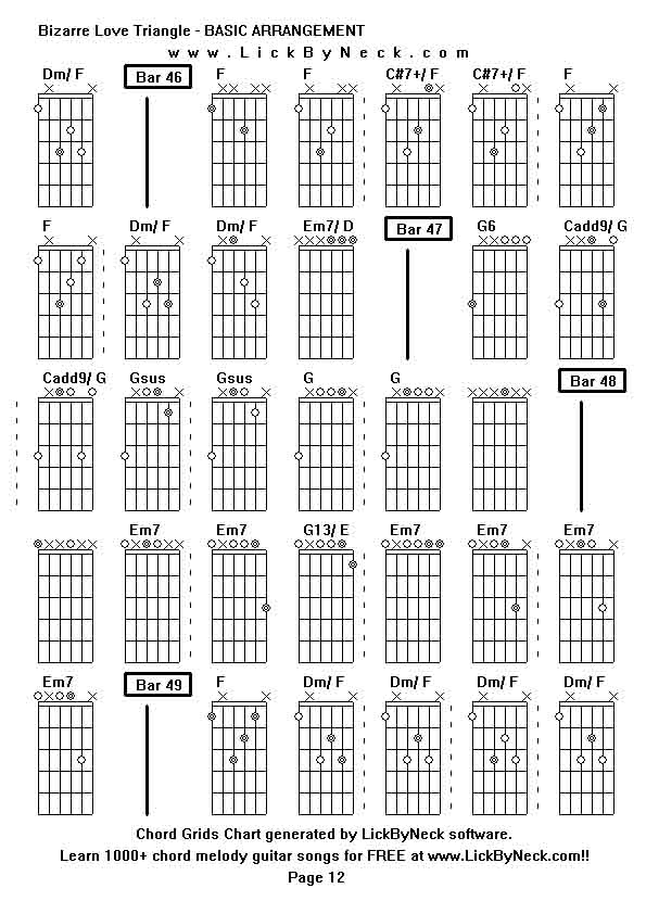 Chord Grids Chart of chord melody fingerstyle guitar song-Bizarre Love Triangle - BASIC ARRANGEMENT,generated by LickByNeck software.